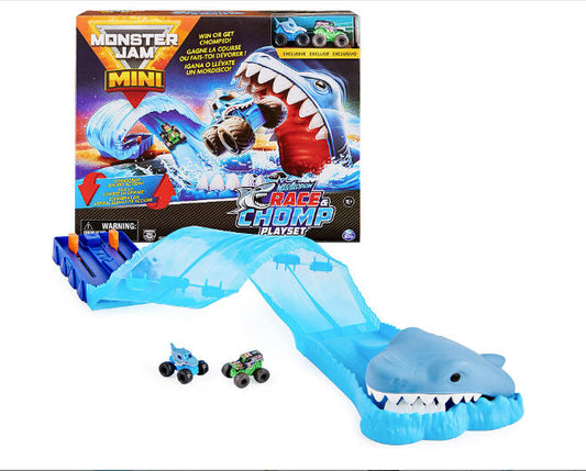 Monster Jam, Mini Megalodon Race and Chomp Playset con 2 mini camiones en escala 1:87, juguetes Monster Truck para niños a partir de 3 años