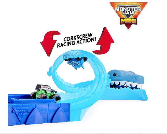 Monster Jam, Mini Megalodon Race and Chomp Playset con 2 mini camiones en escala 1:87, juguetes Monster Truck para niños a partir de 3 años