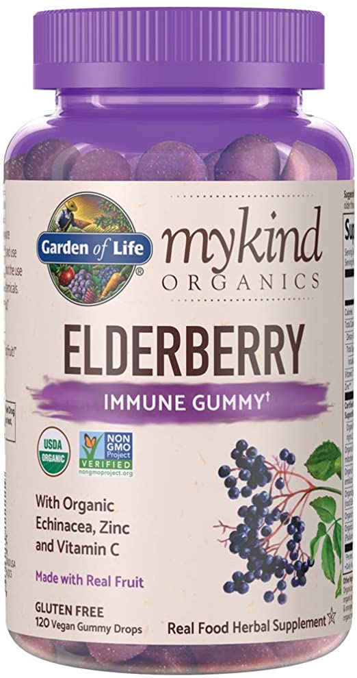 Garden of Life mykind Organics Elderberry Base Immune Gummy - 120 gomas de frutas reales para niños y adultos - Echinacea, zinc y vitamina C, sin adición de azúcar hierbas suplementos