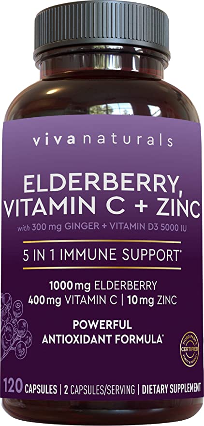 Elderberry, Vitamina C, Zinc, Vitamina D 5000 IU y jengibre Suplemento de apoyo inmune, 2 meses de suministro (120 cápsulas) - 5 en 1 soporte inmunológico diario para adultos - Grancarpa.com.mx