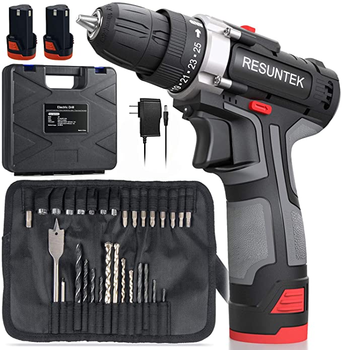Cordless Drill Driver Set with 2 Batteries, Resuntek Cordless Drill Screwdriver Set 31Pcs (Max Torque 28Nm, 2-Speed, 25+1 Torque Setting, 10mm Automatic Chuck, LED Light) for Home DIY Project - Grancarpa.com.mx