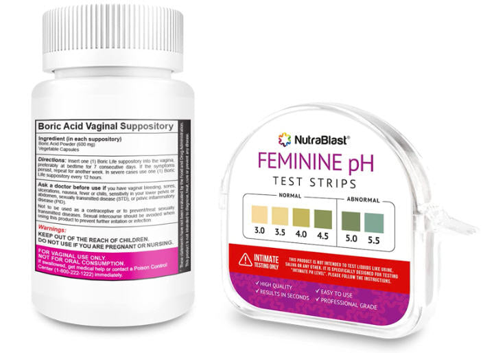 NutraBlast Supositorios vaginales de ácido bórico, 600 mg (30 unidades) con tiras de prueba de pH femeninas 3.0-5.5 (100 rollos de pruebas) | Monitorea la salud íntima | Acidez y alcalinidad precisas para mujeres
