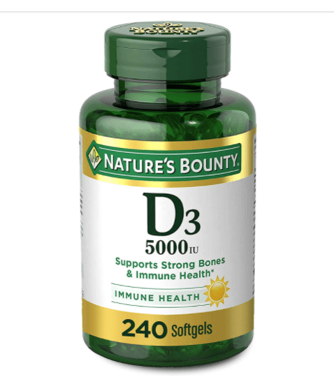 Vitamina D3 de Nature's Bounty para el apoyo inmunológico. La vitamina D proporciona apoyo inmune y promueve huesos saludables. 125 mcg (5000iu), 240 cápsulas blandas