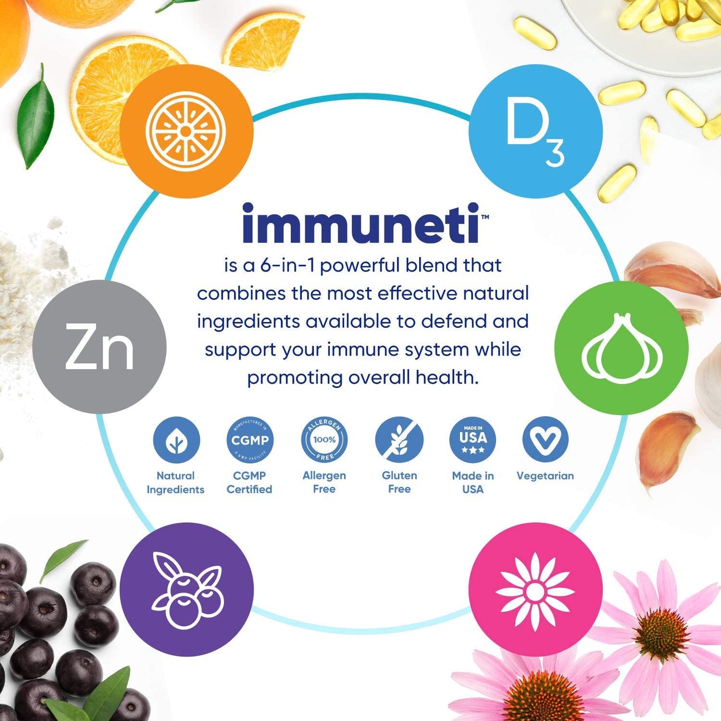 Immuneti - Defensa inmunitaria avanzada, 6 en 1 potente mezcla de vitamina C, vitamina D3, Zinc, bayas de ancianos, bulbo de ajo, equinácea