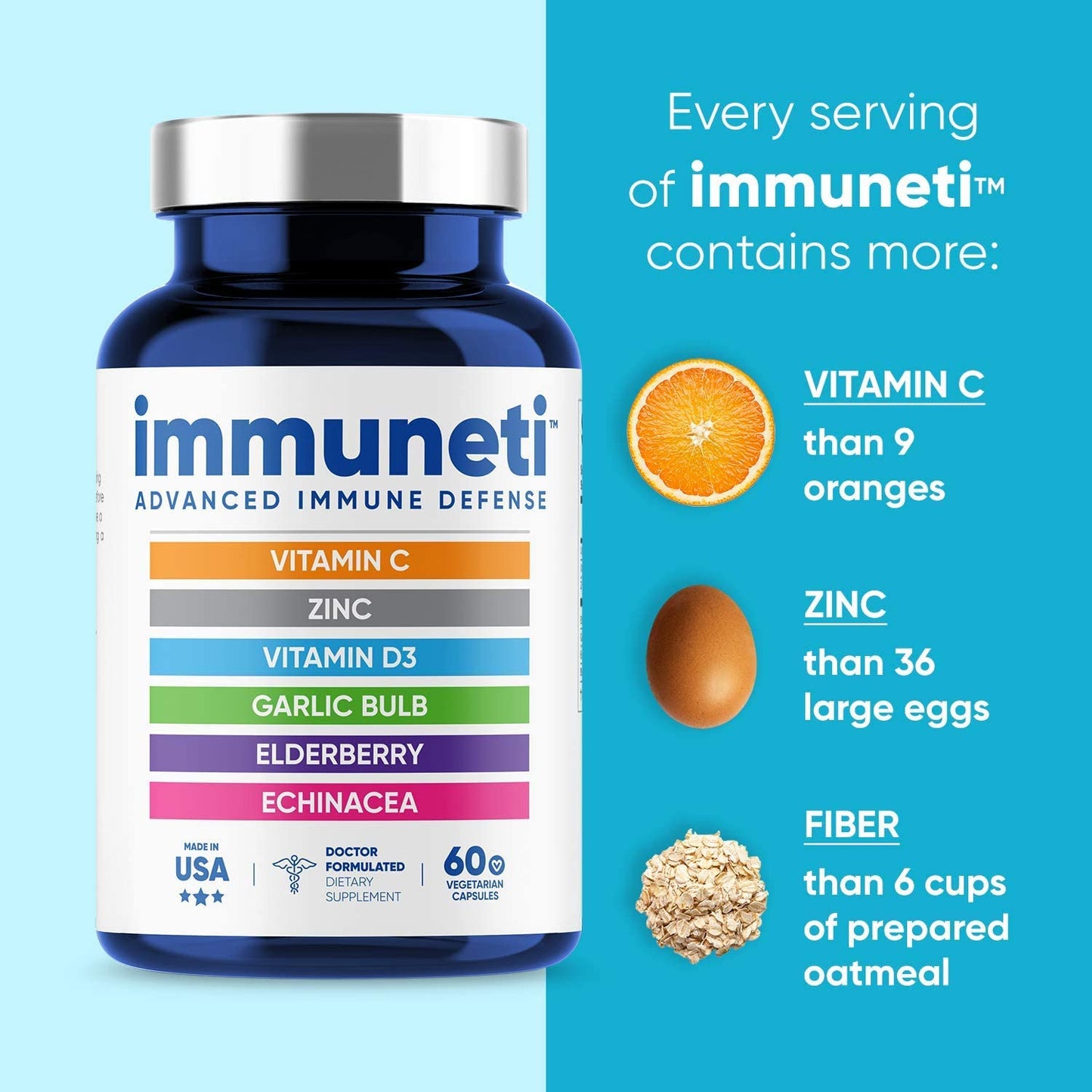 Immuneti - Defensa inmunitaria avanzada, 6 en 1 potente mezcla de vitamina C, vitamina D3, Zinc, bayas de ancianos, bulbo de ajo, equinácea
