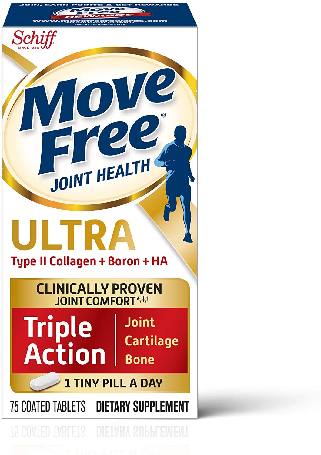 Move Free tipo II colágeno, boro y HA Ultra Triple Acción tabletas, libre de movimiento (75 unidades en una botella)