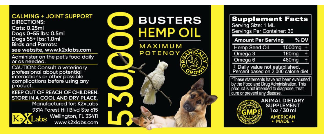 Aceite de cáñamo orgánico Busters 2 unidades 530000, suministro de 2 meses, para perros y gatos