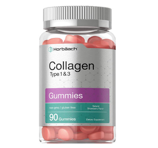 Horbaach - Gomitas de colágeno | 90 unidades | Goma con sabor a fresa | Colágeno hidrolizado tipo 1 y 3 | Sin OMG, sin gluten |