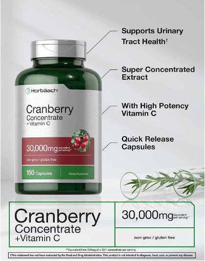 Horbaach Arándano (30.000 mg) + Vitamina C 150 Cápsulas | Triple Fuerza Máxima Potencia | Sin OGM, sin gluten píldoras de arándano suplemento de extracto concentrado