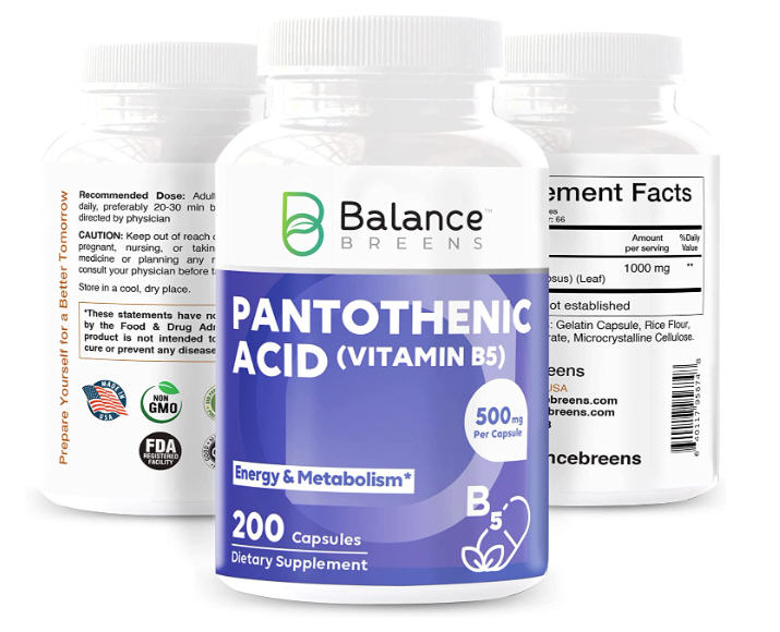 Ácido pantoténico 500 mg – Suplemento de vitamina B5 – 200 cápsulas – Promueve un aumento de los niveles de energía y metabolismo – Piel saludable, cabello y ojos