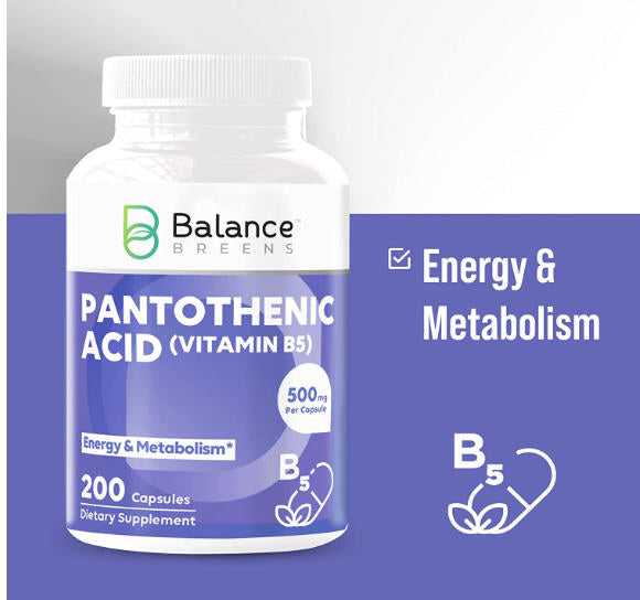 Ácido pantoténico 500 mg – Suplemento de vitamina B5 – 200 cápsulas – Promueve un aumento de los niveles de energía y metabolismo – Piel saludable, cabello y ojos