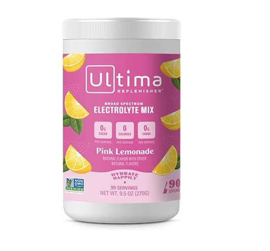 Ultima Replenisher Pink Lemonade - Polvo hidratante electrolito, limonada rosa, 90 latas de servir, libre de azúcar, 0 calorías, 0 carbos, sin pegamento, Keto, sin OGM con magnesio, potasio, calcio