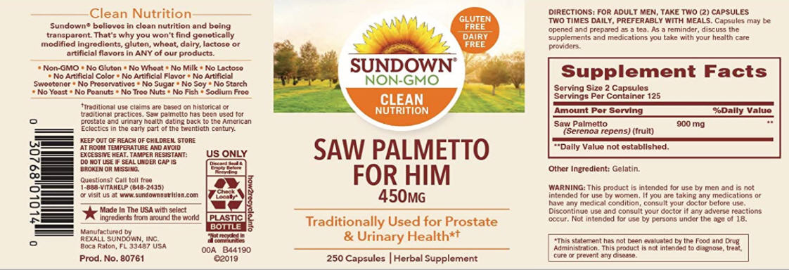 Saw Palmetto Sundown Naturals 450 mg, 250 cápsulas